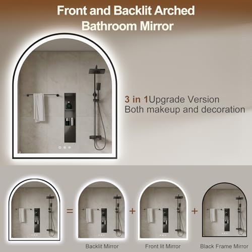 Image of 30.1 inchx36.1 inch Arched LED Mirror for Bathroom,Black Lighted Bathroom Mirror with Lights-Fogless, Dimmable, 3 Color Changing, Shatterproof, Touch Sensor