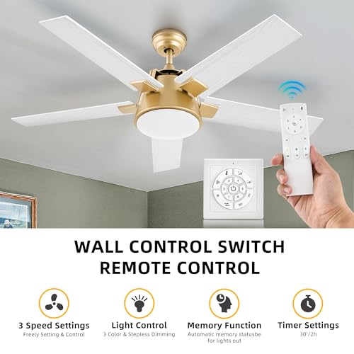 DWVO Ceiling Fan with Light and Wall Switch Remote, Quiet Reversible Motor, Dimmable LED Color, Memory Function for Bedroom Living Room Patio Indoor Outdoor, 52 Inch Modern Gold & White Fan