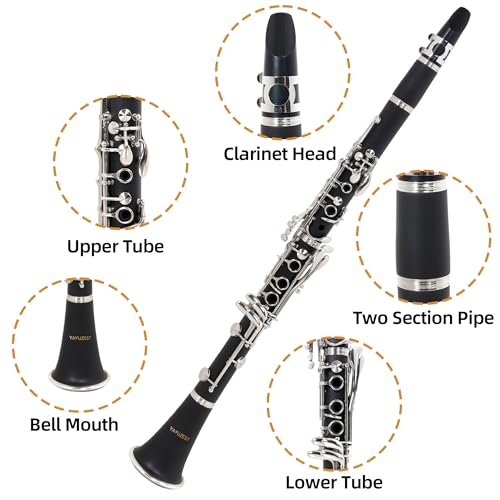 YAYUZEST Bb Clarinet for Beginners, Bb Nickel-plated 17 Keys Clarinet for Students, Professionals and School Bands, with Hard Foam Case Barrels*2 Pads*8 Stand Cleaning Kit and White Gloves (Black) - Thumbnail 5