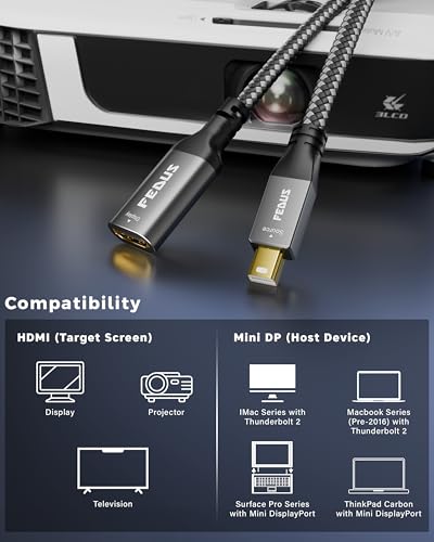 Image of FEDUS STRYKER-XY9 Mini DP to HDMI Cable Adapter 4K@60Hz, Mini DisplayPort (Thunderbolt 2 Compatible) to HDMI Female Converter, Gold-Plated Braided Cord for Mac,Surface Pro, Monitor,Projector (9 Inch)