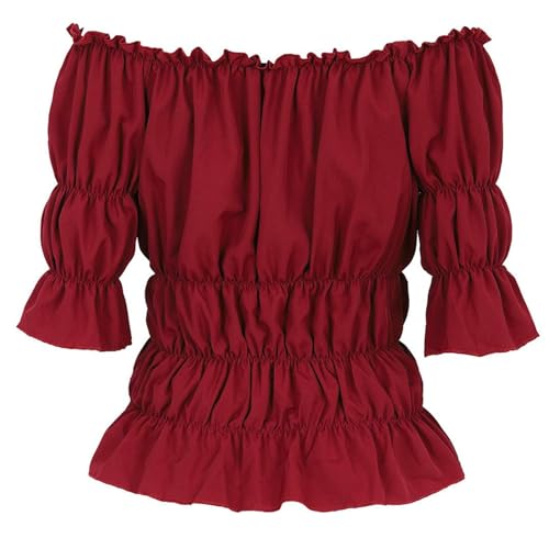 GOKKILRW Womens Off Shoulder Tops Blouses Puff Half Sleeve Shirt Elastic Pleated Slim Solid Tops 2024 Summer Fashion Outfits Red