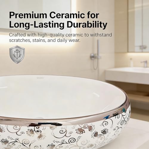 Image of Wallace Oval Table Top Wash Basin 60x40x15 cm | Premium Ceramic Countertop Vessel Sink with Silver Floral Design | Over Counter Designer Bathroom Basin