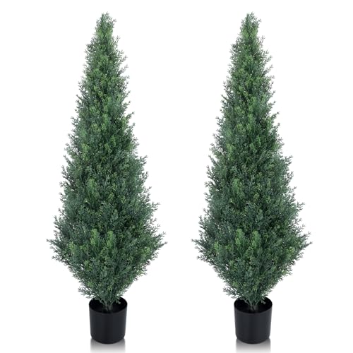 Artificial Cedar Topiary Trees for Outdoors, 4FT UV Resistant Faux Potted Cypress Plants, Set of 2 Realistic Fake Potted Topiary Plants for Home Porch, Garden, and Entryway Decor