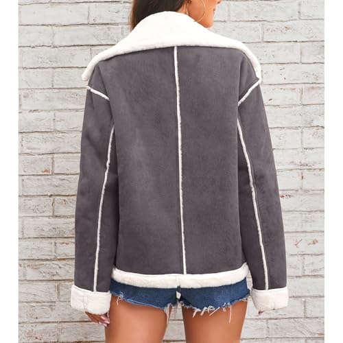 Womens Faux Fur Sherpa-Lined Jackets Fuzzy Fleece Lapel Long Sleeve Coat Suede Jacket Sherpa Lined Leather Winter2