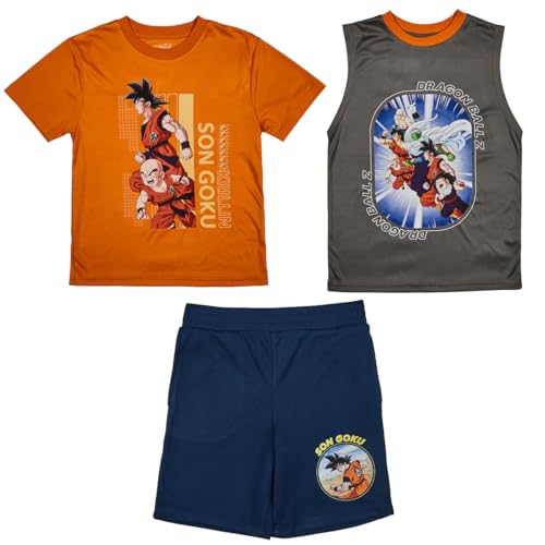 Bioworld Dragon Ball Z 3-Pack Boy's Orange Short Sleeve Tee, Gray Muscle Tank, Blue Athletic Shorts Set