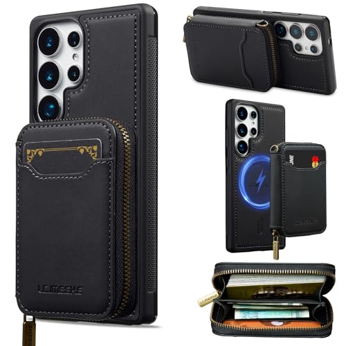 Étui pour Samsung S25 Plus avec portefeuille magnétique amovible en cuir noir