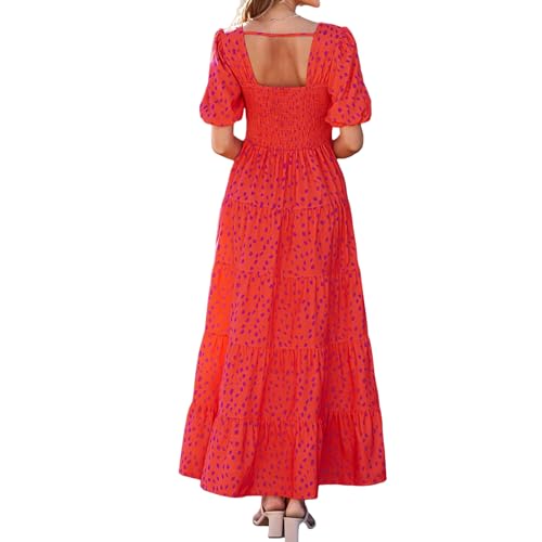 Dresses for Women Sundress Puff Short Sleeve Crewneck Dress Boho Floral Sundress Beach Vacation Dresses Summer 20253