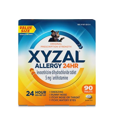Xyzal 24 Hour Allergy Relief Medicine, Original Prescription Strength Antihistamine, Levocetirizine Dihydrochloride Tablets, 5 mg, 90 Count