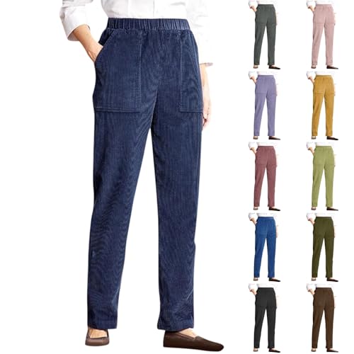 Corduroy Pants Women Elastic Waist Straight Leg Comfy Work Pants Business Casual Loose Trousers Pants with Pockets
