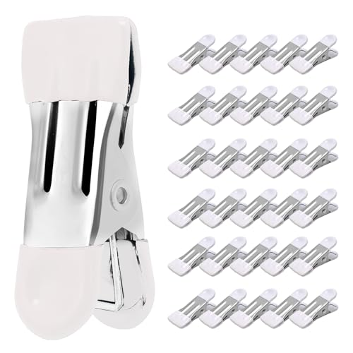 Clothes Pins Heavy Duty 30 Pack - 2.17 Inch Metal Chip Clips, Clothespins for Photo Drying Clothesline Laundry Sock, Bag Clips for Food Kitchen Stainless Steel with Rubber, White