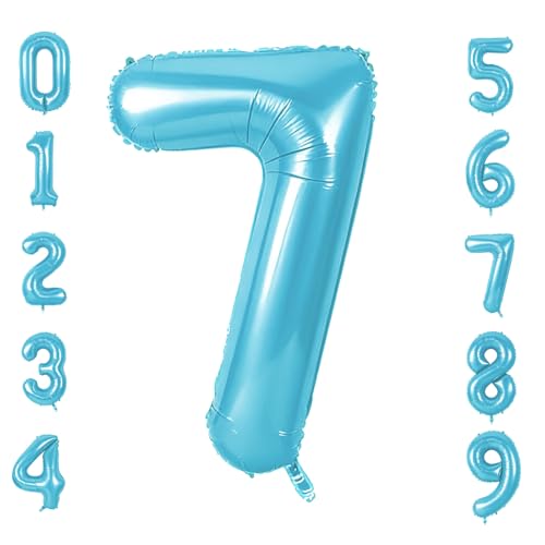 Image of Number 7 Balloons for 7th Birthday Party Decorations, 0-100 Large No.7 Balloons for Girls Boys and Daughter Son, 40 Inch Jewelry Blue Foil Helium Balloon for 7 Year Old Anniversary Decorations