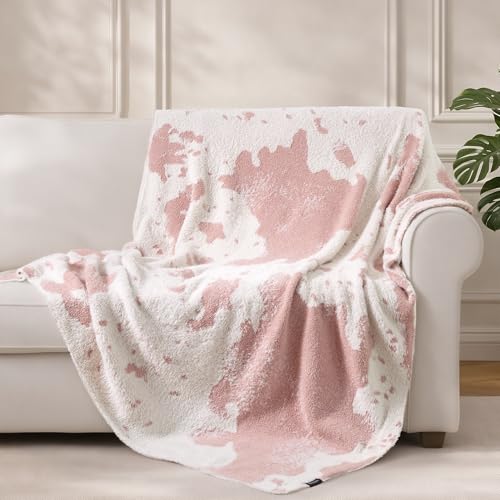 blunique Cow Throw Blanket for Couch Bed Sofa Ultra Soft Cozy Cow Pattern Animal Print Blanket Lightweight Western Decor Plush Throw Blanket for Women & Teen Girls 50x60 Inches Pink