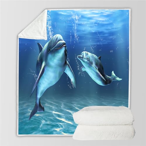 RFFLUX 3D Delphin Kuscheldecke 130x150 cm Microfaser Flanell Decke Delphin Wohndecke Sommer Leichte Weiche Winter Warme Blanket Tagesdecke Sofadecke Couchdecke（Stil 28-8）