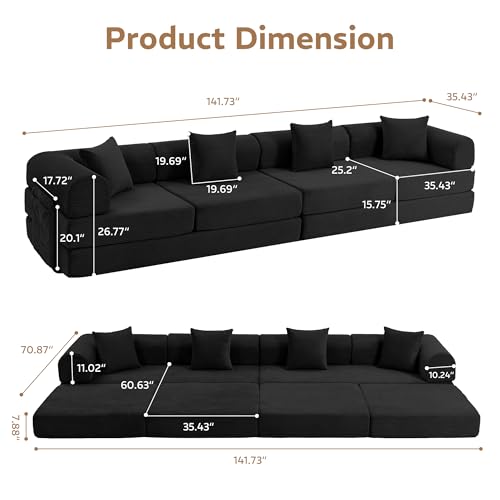 Image of 141.73'' U-Shaped Sectional Sofa Bed, 6-in-1 Modular Corduroy Couch with Soft Cloud-Like Feel, Removable Storage Bag, Anti-Pilling Fabric, Tool-Free Assembly, for Living Room, Black