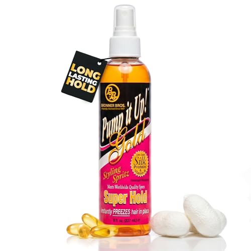 Bronner Bros Pump It Up Gold Styling Spritz Super Hold Hairspray for Styling & Finishing Fast-Drying Hair Spray with Silk Amino Acids & Vitamin B5 No Build-Up Strong Hold for Defined Styles 8oz