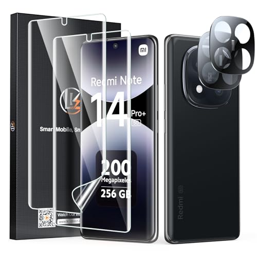 LK TPU Schutzfolie für Redmi Note 14 Pro Plus 5G 2 Stück Displayschutzfolie [kein Glas] und 2 Stück Schutzglas Kameraschutz 3D Gebogene Vollabdeckung HD Blasenfreie Weich Folie für Note 14 Pro+ 5G