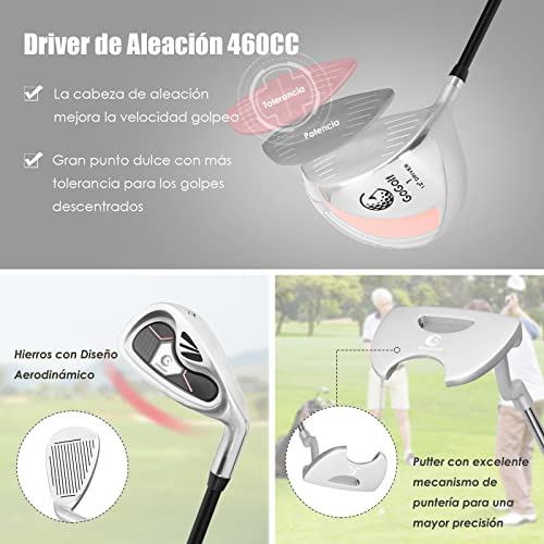 COSTWAY-Set-de-Palos-de-Golf-para-Mujeres-Incluye-Driver-en-Aleacion-de-Aluminio-460-CC-Madera-Fairway-3-Hibrido-4-Hierros-6-7-8-y-9-Putter-Bolsa-de-Golf-con-Tiras-Palos-de-Golf
