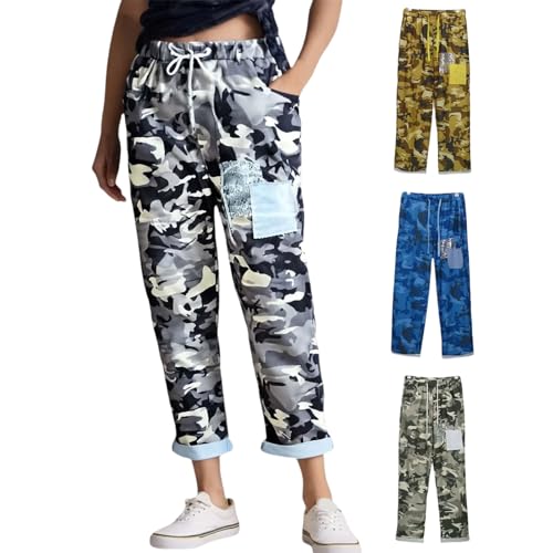 Women's Cotton Capri Camo Pants Plus Size Drawstring Loose Fit Cropped Camouflage Print Pant Summer Casual Trousers