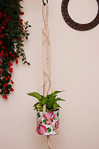 Image of Leafy Tales Macrame Cotton Plant Hanger (Without Pot), Rope Flower Pot Holder for Indoor Outdoor Balcony Garden Wall (White, Cross X Design, Set of 2), Long