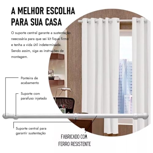 Kit Varão Simples 3 Metros 19mm Fino Para Cortina Com Conjunto de Instalação