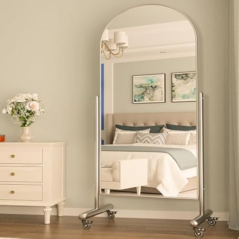 Toutrop 360° Swivel Adjustable Full Length Mirror with Wheels, Aluminum Frame Standing Full Body Mirror for Bedroom,Silver,70x27Inch Cover