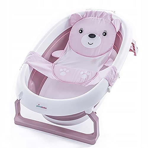 Primabobo Badewannen-Einsatz für Neugeborene, Babys und Kleinkinder bis max. 20 kg, L57 x B28 cm, regulierbar, mit 3 Befestigungsklips, 100 % Baumwolle + Netzstoff, Teddybären-Optik (rosa) Cover