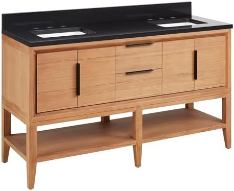 Signature Hardware 955226-60-rumb Aliso 60" Console Teak Double Basin Vanity Set with Cabinet, Vanity Top, and Rectangular Undermount Sinks - No Faucet Holes - Natural Teak/Carbon Black