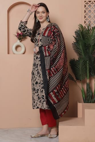Image of Rajnandini Women's Cotton Blend Abstract Printed Kurta Set with Dupatta (JOPLST243-P Beige and Black)