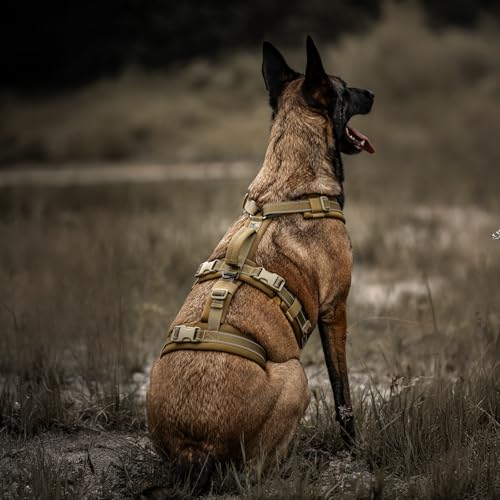 OneTigris Hundegeschirr, HOUNDLOCK Taktisches Geschirr Ausbruchsicher Einstellbar Weich Gepolstert Brustgeschirr mit 1 Griff, 2 D-Ringe und Reflektierend (Braun, M)