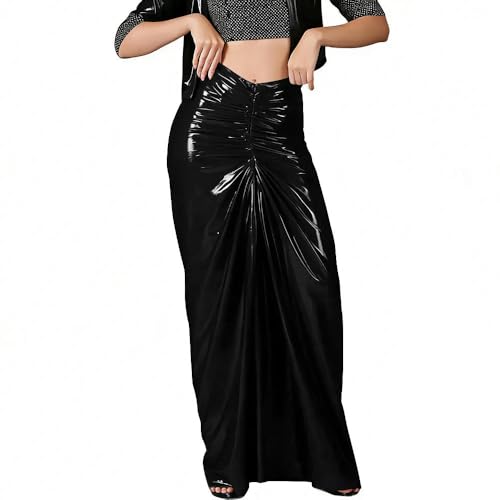 Jupe longue plissée en PVC brillant effet mouillé pour femme style gothique chic