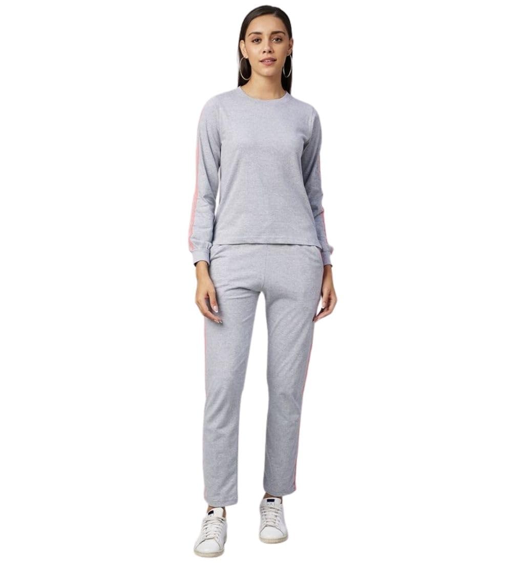 Women's Cotton Solid Long Sleeves Tracksuit (Light Grey - Pink, 2XL)-PID65502-picture-48