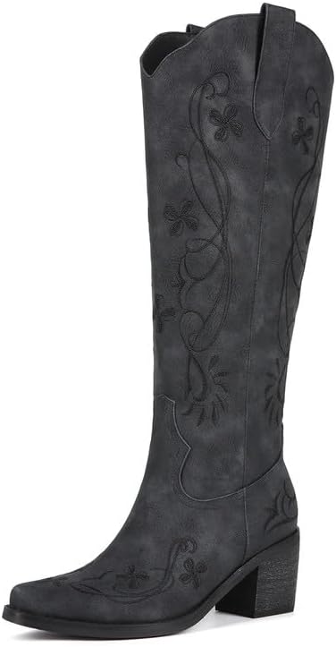 ZJA Women's Cowgirl Knee High Western Boots Cowboy Tall Floral Embroidered Pointed Toe Chunky Heel Long Vintage Pull On Boots