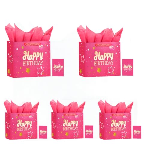 Image of Powbrace 13 inch Pink Happy Birthday Gift Bag with Tissue Paper and Greeting Card for Party,Happy Birthday Gift Bag for Men Women,Gift Bags Medium size(5 PCS Pink Hot Stamping)