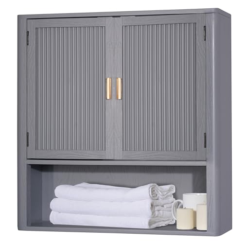 AN68 Pre-Assembled Wall Mounted Medicine Cabinet – 2-Door Bathroom Storage Cabinet with Fixed Shelf, Space-Saving Over-The-Toilet Organizer for Small Bathroom Living Room Kitchen or Laundry (Grey)