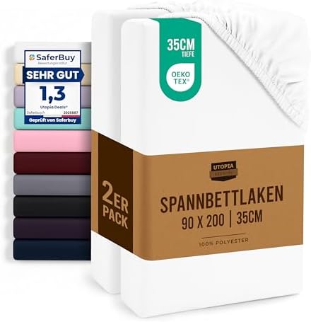 Utopia Bedding - 2er Set Spannbettlaken 90x200cm - Weiß | 35 cm Tiefe Tasche - 100% Polyester Mikrofaser Spannbetttuch - Oeko-Tex Zertifiziertes