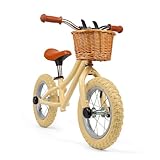 Mon premier vélo d'équilibre : les tout-petits peuvent passer du tricycle au vélo avec cette draisienne robuste couleur crème. Dispose de poignées faciles à saisir, d'un panier en osier et d'une feuille d'autocollants ; 60 cm H x 90 cm l x 44 cm P