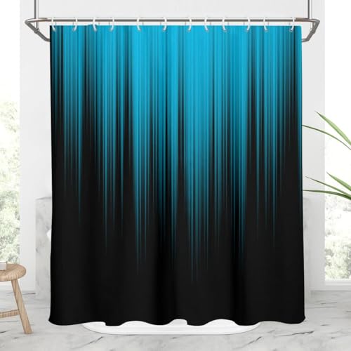 Image of AAtter Blue and Black Shower Curtain, Modern Ombre, 60x72 Inch, 12 Hooks | Abstract Striped Polyester Fabric, Dark Trendy Masculine Style, Cool Anime Design, Gradient Bathroom Decor for Men