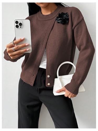 Image of MakeMeChic Women's Wrap Cardigan Sweater Flower Button Down Pullovers Tops Coffee Brown Small