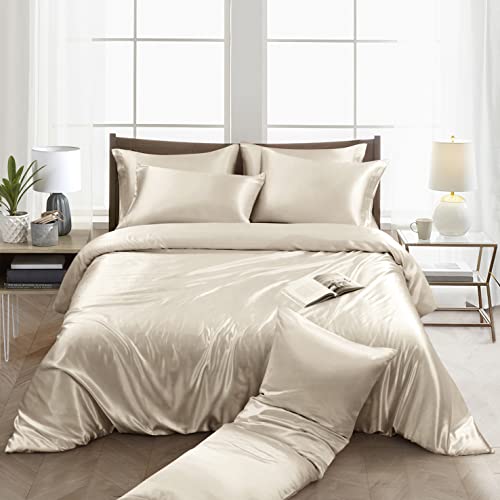 Image of Ersmak 6 Pieces Satin Duvet Cover California King Luxury Silky Bedding Duvet Cover Set with 1 Soft Duvet Cover, 4 King Pillowcases and 1 Body Pillowcase, Beige