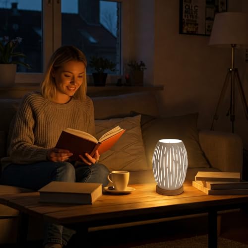 Lampe de Table E27 Moderne Blanc Fer/Bois, Comely