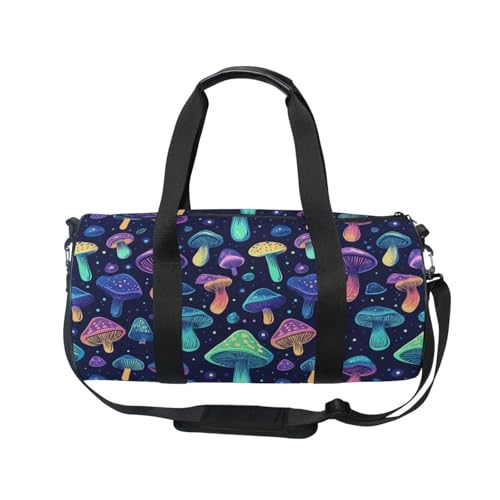 Color Mushroom Sports Duffel Bag Full Print Barrel Gym Bag with Side Zipper Pocket and Inner Compartment, Durable Lightweight Fabric for Sports, Training, Travel and Outdoor Use2