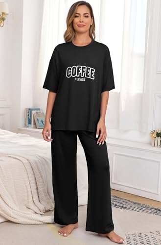 Image of PrinStory Womens Pajamas Sets 2 Piece Lounge Set Short Sleeve Tops and Long Pants Soft Pjs Loungewear with Pockets