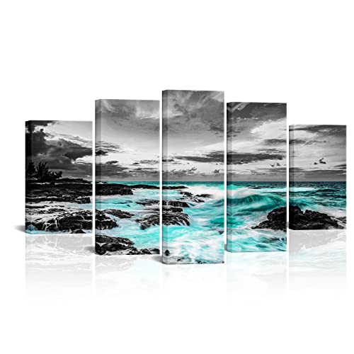 Fushvre 5 Piece Coastal Beach Canvas Wall Art Black And Teal Seaside Stone Wave Landscape Pictures Prints Large Ocean Painting Artwork For Bedroom Living Room Wall Decor Framed #TOP19