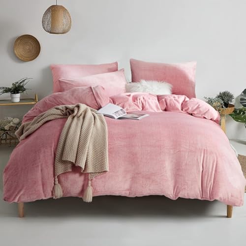 YASMENG Housse de Couette Flanelle 200x200 Hiver Chaude Rose Velours Laitier Parure de Lit Polaire Doux Douillet Duveteux Linge de Lit 2 Personne avec...