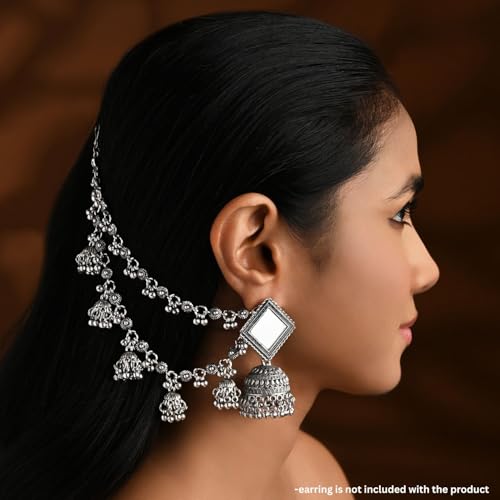 I Jewels Silver Oxidized Indian Wedding Bollywood Ghungroo Jhumka Hair Chain/Earchain Accessories For Women (E3245OX)2