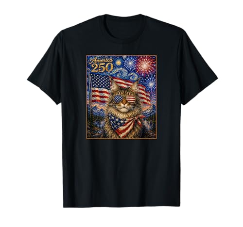 Main Coon Cat Art America 250 Anniversay 4 of July USA Flag T-Shirt