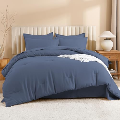 Image of Litanika Full Size Comforter Sets Bluish Grey - 7 Pieces Bed in a Bag Full Bedding Comforter Sets, Solid Lightweight Bed Set with Comforter, Sheets, Pillowcases & Shams