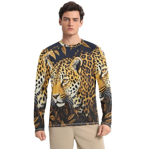 Gold Leaves and Leopard Men Rash Guard UV Sun Protection UPF 50+ Sun Shirts Long Sleeve Quick Dry Beach Shirts, XX-Large