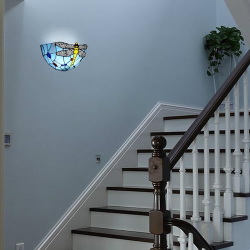 Image of Dragonfly Tiffany Style Wall Sconce, Classy Stained Glass Wall Light, Decorative 11.8 Inches Wall Light Fixtures for Hallway Stairway Bedroom Blue Finish (C)