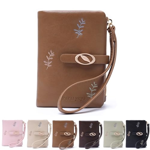 Women Short Wallet,Wallet with Leaf Embroidered for Women,Multi Card Holder Wallet,Ladies ID Credit Card Holder PU Small Clutch Bag Purses (Brown)